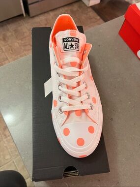 Converse White Canvas Low-Top Sneakers with Neon Coral Polka Dots